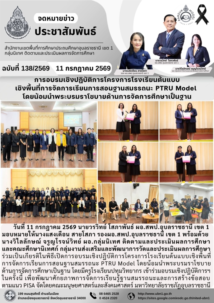 การอบรมเชิงปฏิบัติการโครงการโรงเรียนต้นแบบ เชิงพื้นที่การจัดการเรียนการสอนฐานสมรรถนะ PTRU Model  โดยน้อมนำพระบรมราโชบายด้านการจัดการศึกษาเป็นฐาน