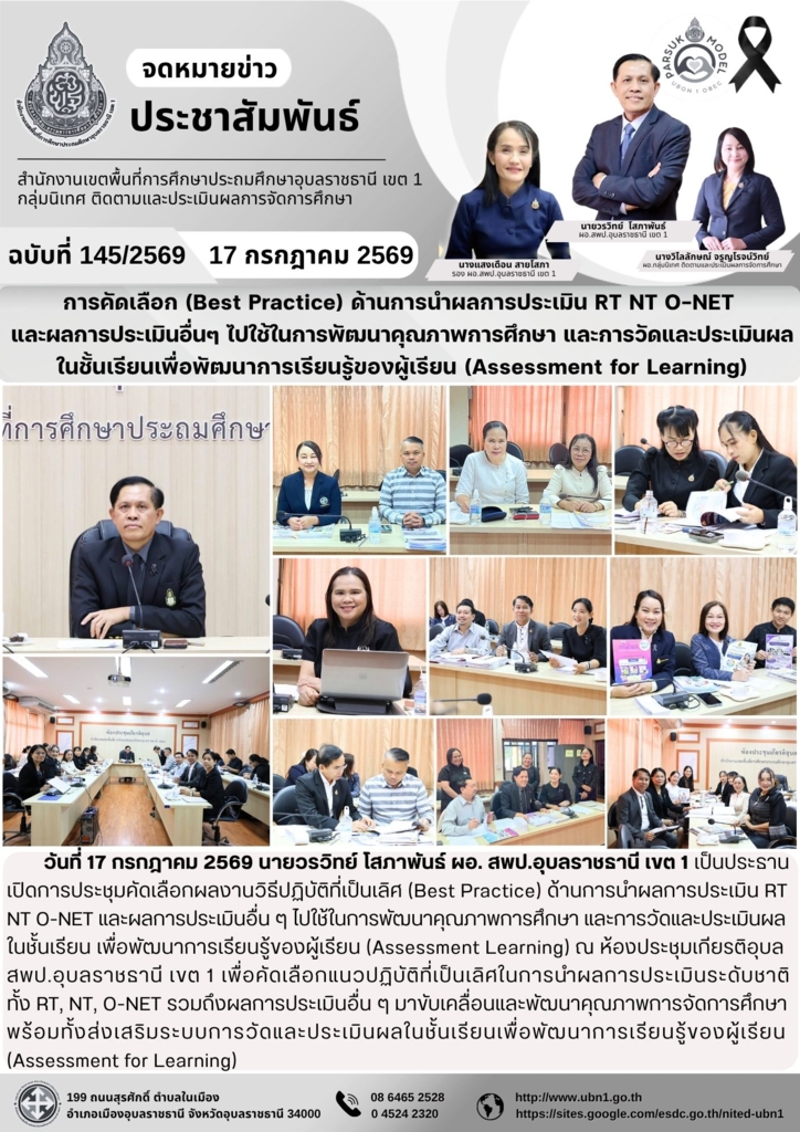 การคัดเลือก (Best Practice) ด้านการนำผลการประเมิน RT NT O-NET  และผลการประเมินอื่นๆ ไปใช้ในการพัฒนาคุณภาพการศึกษา และการวัดและประเมินผล ในชั้นเรียนเพื่อพัฒนาการเรียนรู้ของผู้เรียน (Assessment for Learning)