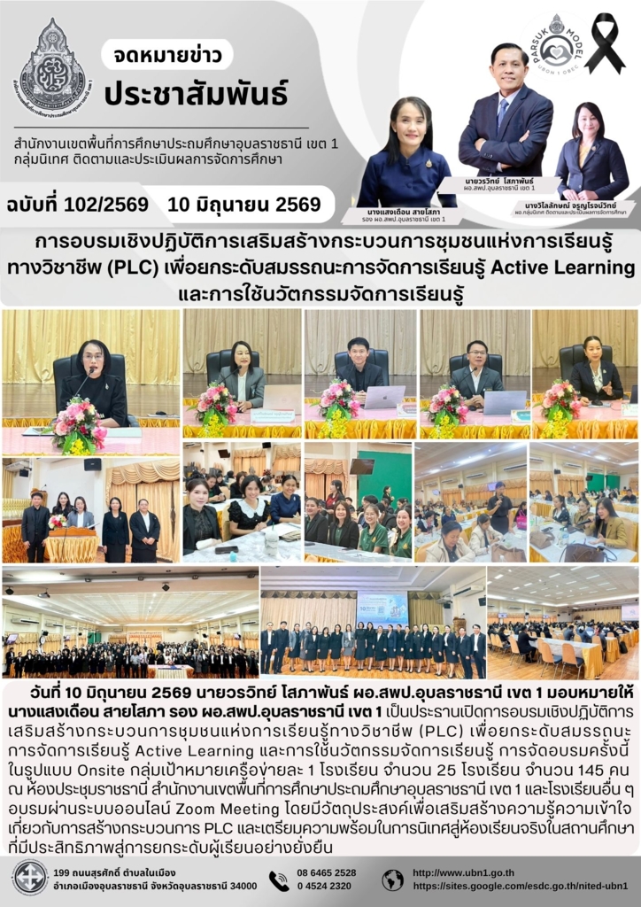 การอบรมเชิงปฏิบัติการเสริมสร้างกระบวนการชุมชนแห่งการเรียนรู้ ทางวิชาชีพ (PLC) เพื่อยกระดับสมรรถนะการจัดการเรียนรู้ Active Learning  และการใช้นวัตกรรมจัดการเรียนรู้ 