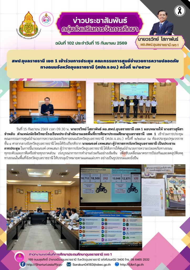 สพป.อุบลราชธานี เขต 1 เข้าร่วมการประชุม คณะกรรมการศูนย์อำนวยการความปลอดภัย ทางถนนจังหวัดอุบลราชธานี (ศปถ.จ.อบ.) ครั้งที่ ๒/๒๕๖๙