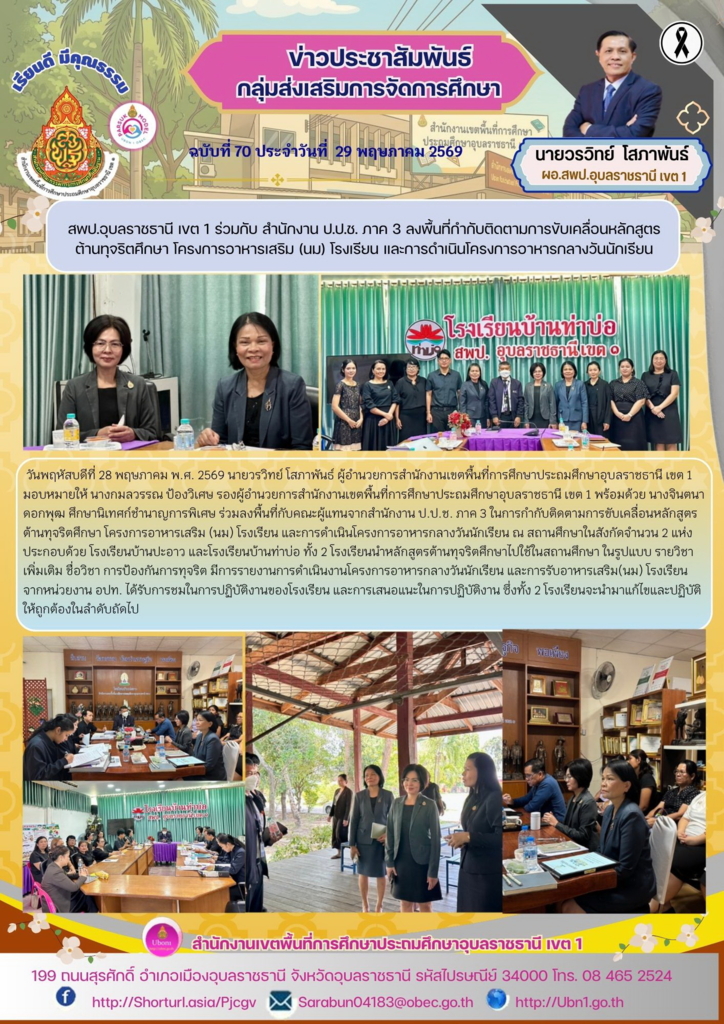 สพป.อุบลราชธานี เขต 1 ร่วมกับ สำนักงาน ป.ป.ช. ภาค 3 ลงพื้นที่กำกับติดตามการขับเคลื่อนหลักสูตร ต้านทุจริตศึกษา โครงการอาหารเสริม (นม) โรงเรียน และการดำเนินโครงการอาหารกลางวันนักเรียน