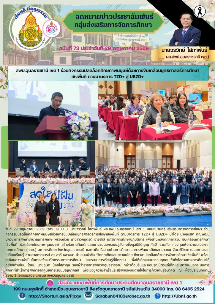 สพป.อุบลราชธานี เขต 1 ร่วมกิจกรรมปลดล็อคศักยภาพมนุษย์ด้วยการขับเคลื่อนยุทธศาสตร์การศึกษา เชิงพื้นที่ ตามมาตรการ TZD+ สู่ UBZD+