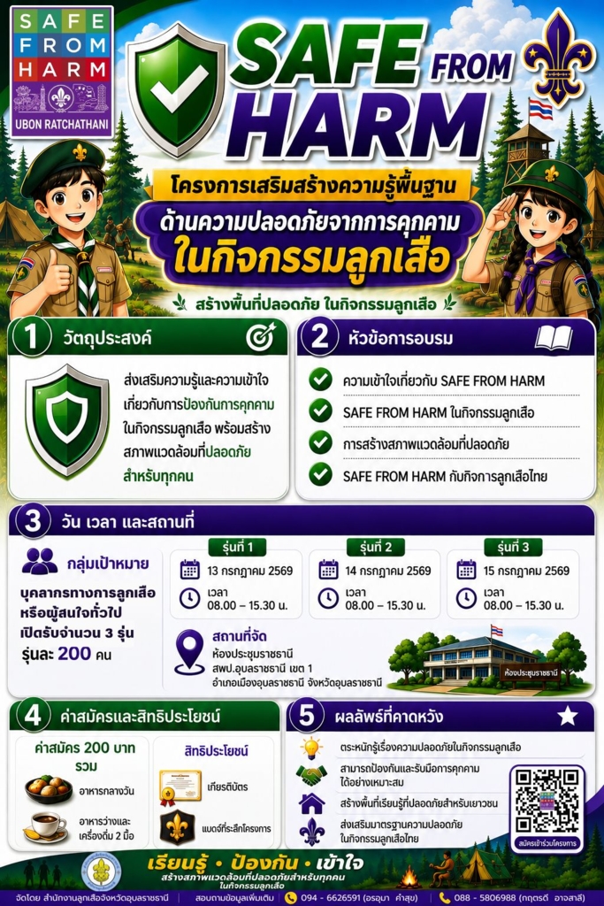 เปิดรับสมัครเข้ารับการฝึกอบรม โครงการเสริมสร้างความรู้พื้นฐานด้านความปลอดภัยจากการคุมคามในกิจกรรมลูกเสือ (safe From Harm) 